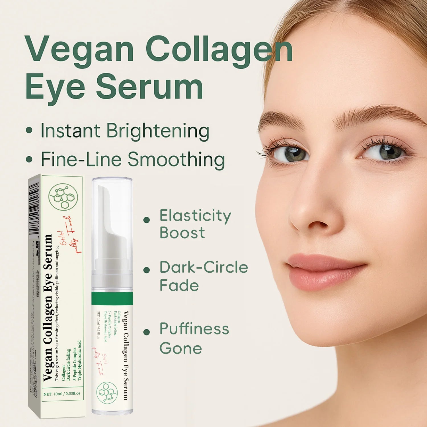 Sérum Vegano para Ojos con Colágeno, Péptidos y Ácido Hialurónico – 10 ml